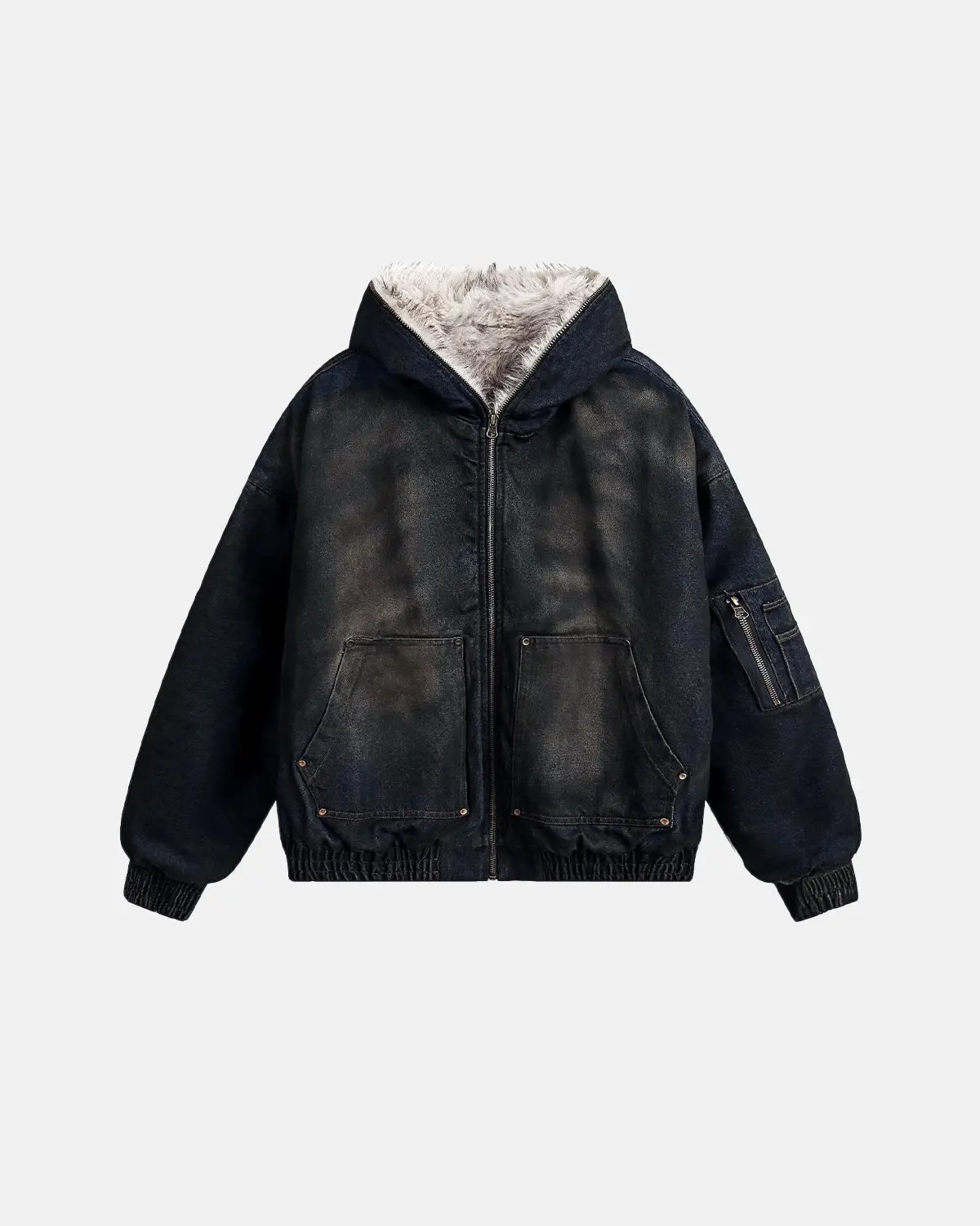 Faux Fur Lined Acid Wash Bomber Jacket | Inflation Streetwear - Image 2