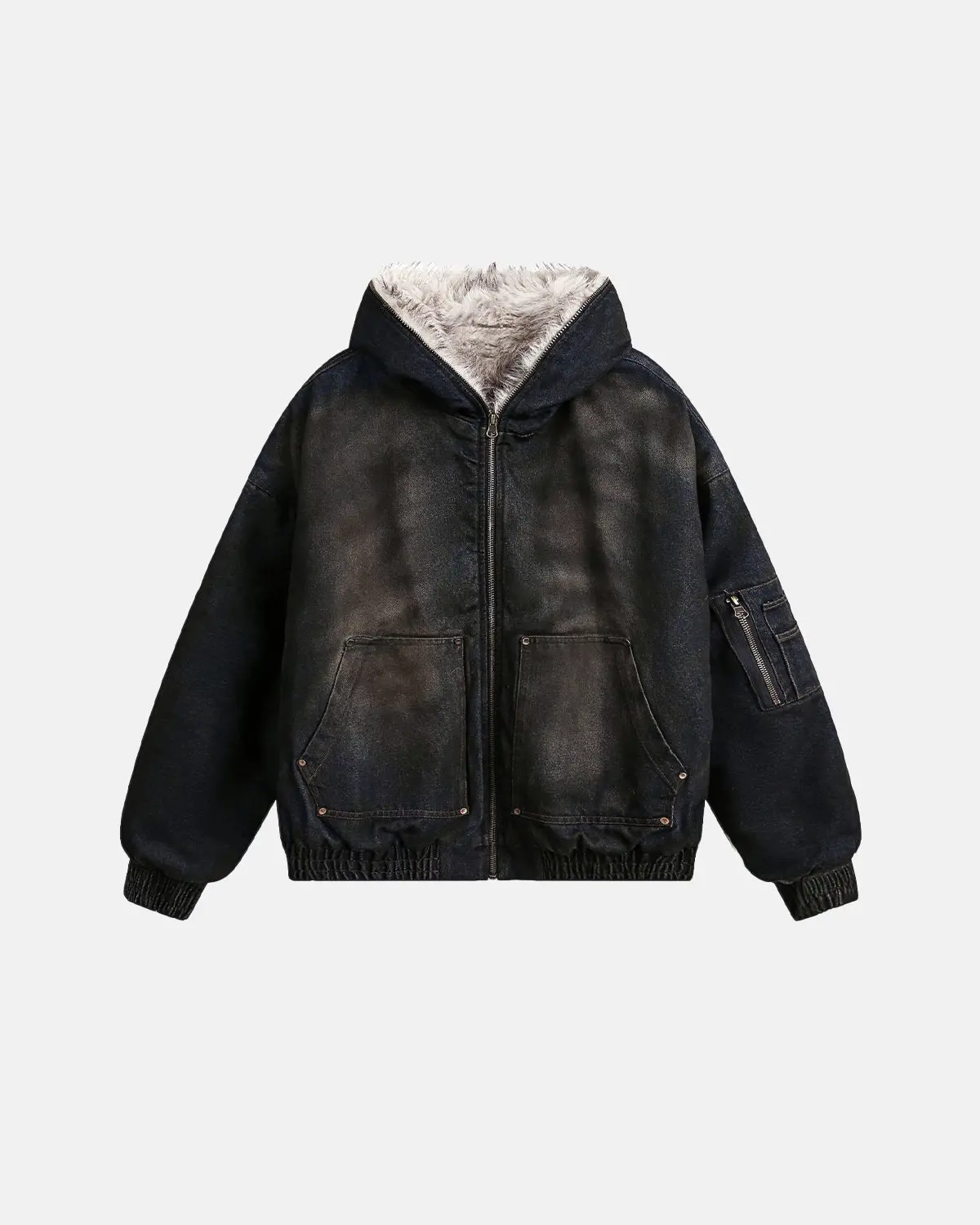 Faux Fur Lined Acid Wash Bomber Jacket | Inflation Streetwear - Image 3
