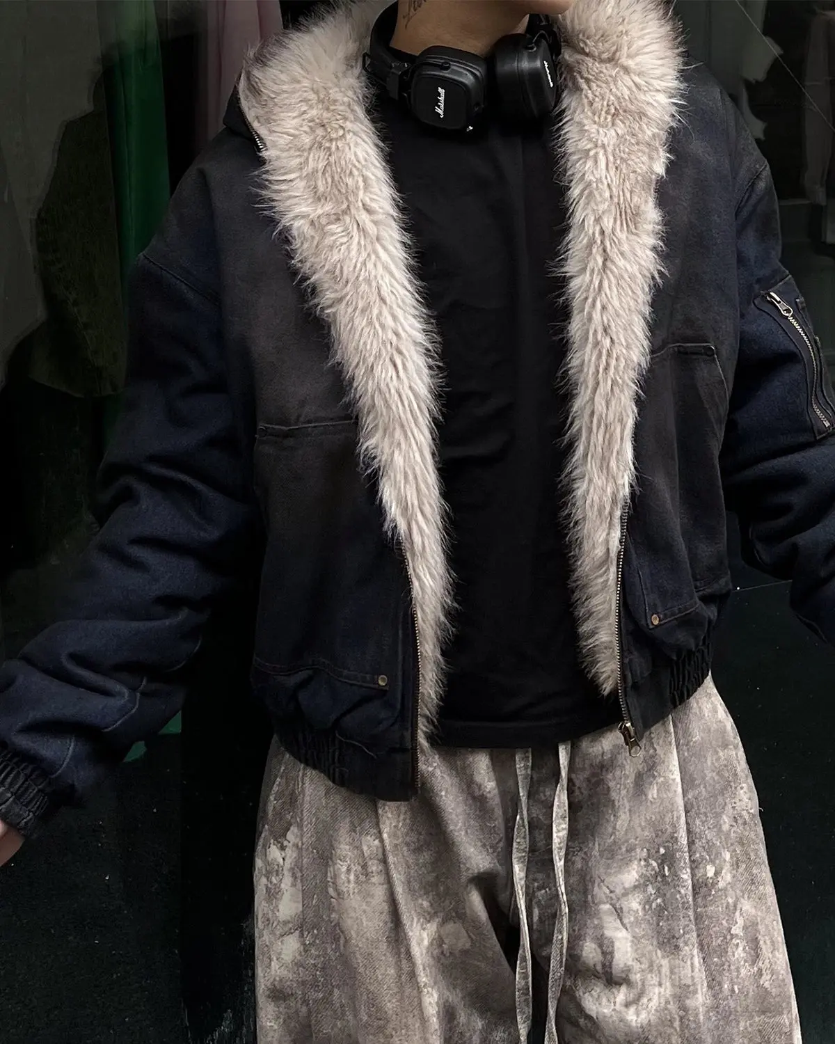 Faux Fur Lined Acid Wash Bomber Jacket | Inflation Streetwear - Image 4