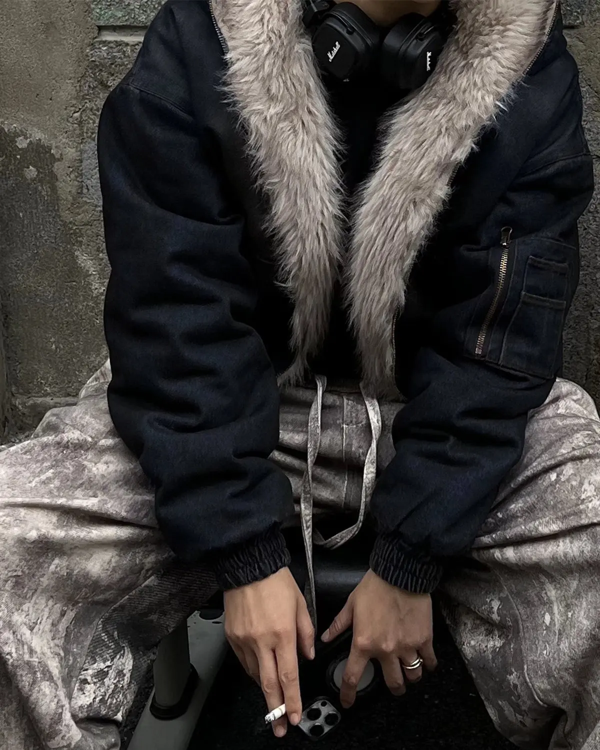 Faux Fur Lined Acid Wash Bomber Jacket | Inflation Streetwear - Image 5