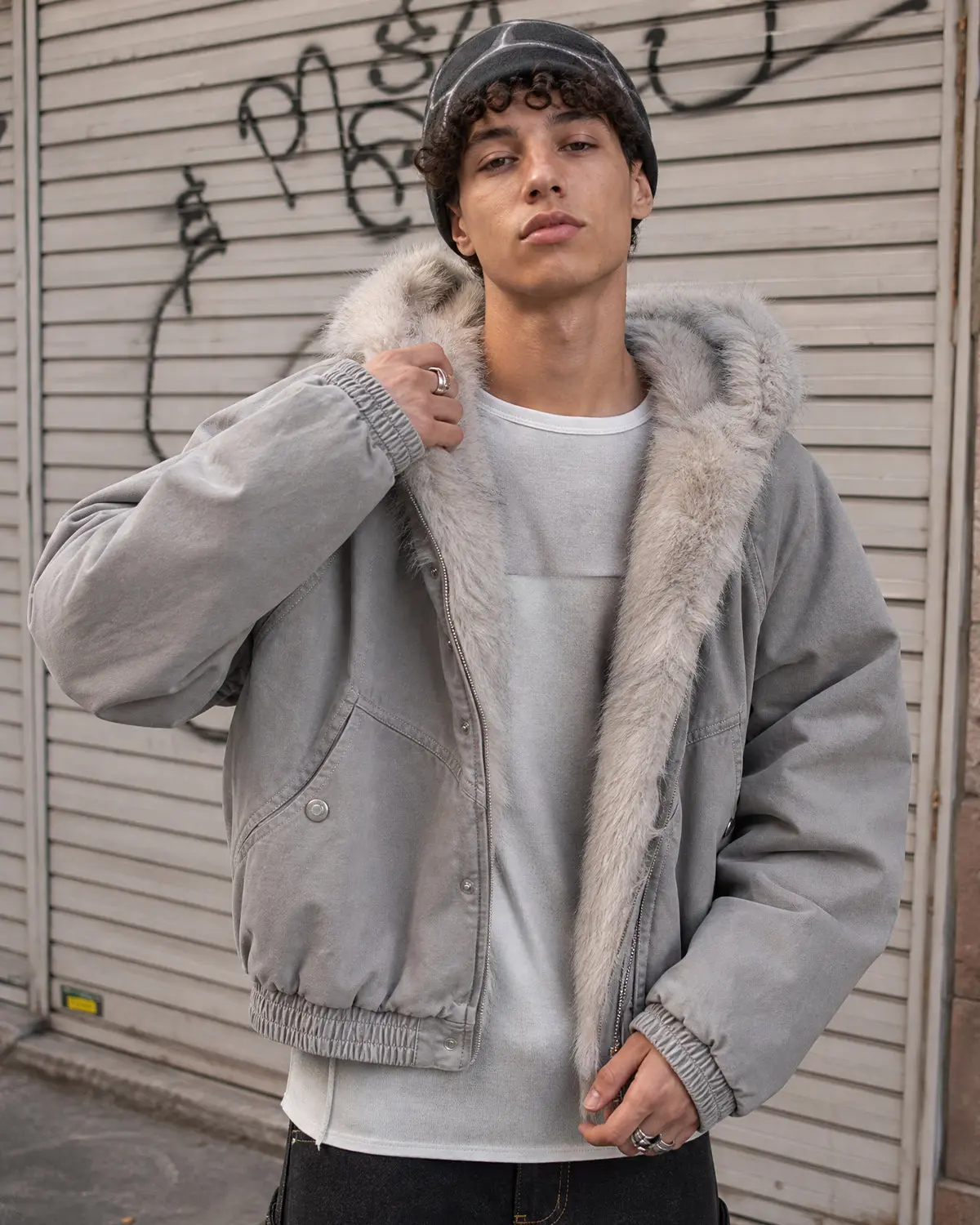 Faux Fur Lined Bomber Hooded Jacket | Inflation Streetwear - Image 5