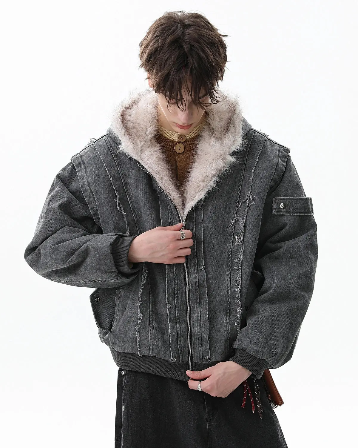 Faux Fur Lined Washed Hooded Jacket | Inflation Streetwear - Image 6