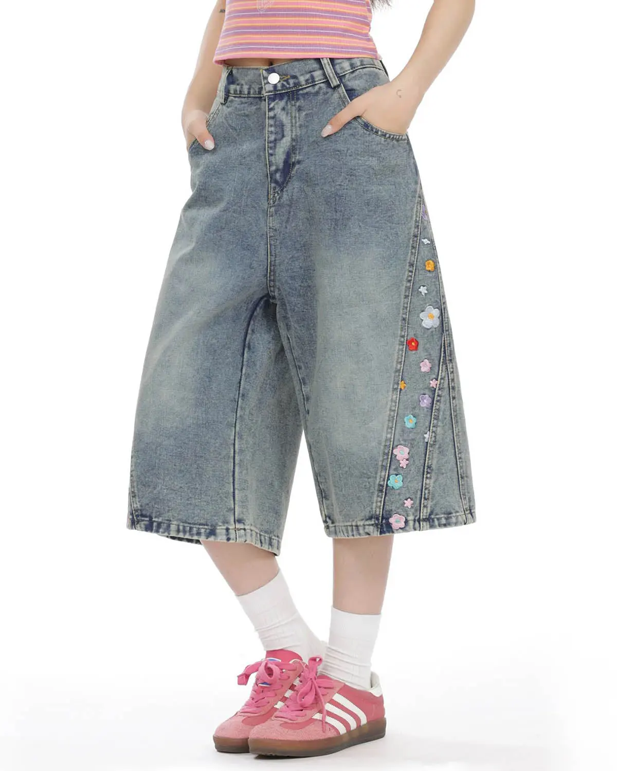 Floral Embroidered Long Baggy Jorts | Inflation Streetwear - Image 2
