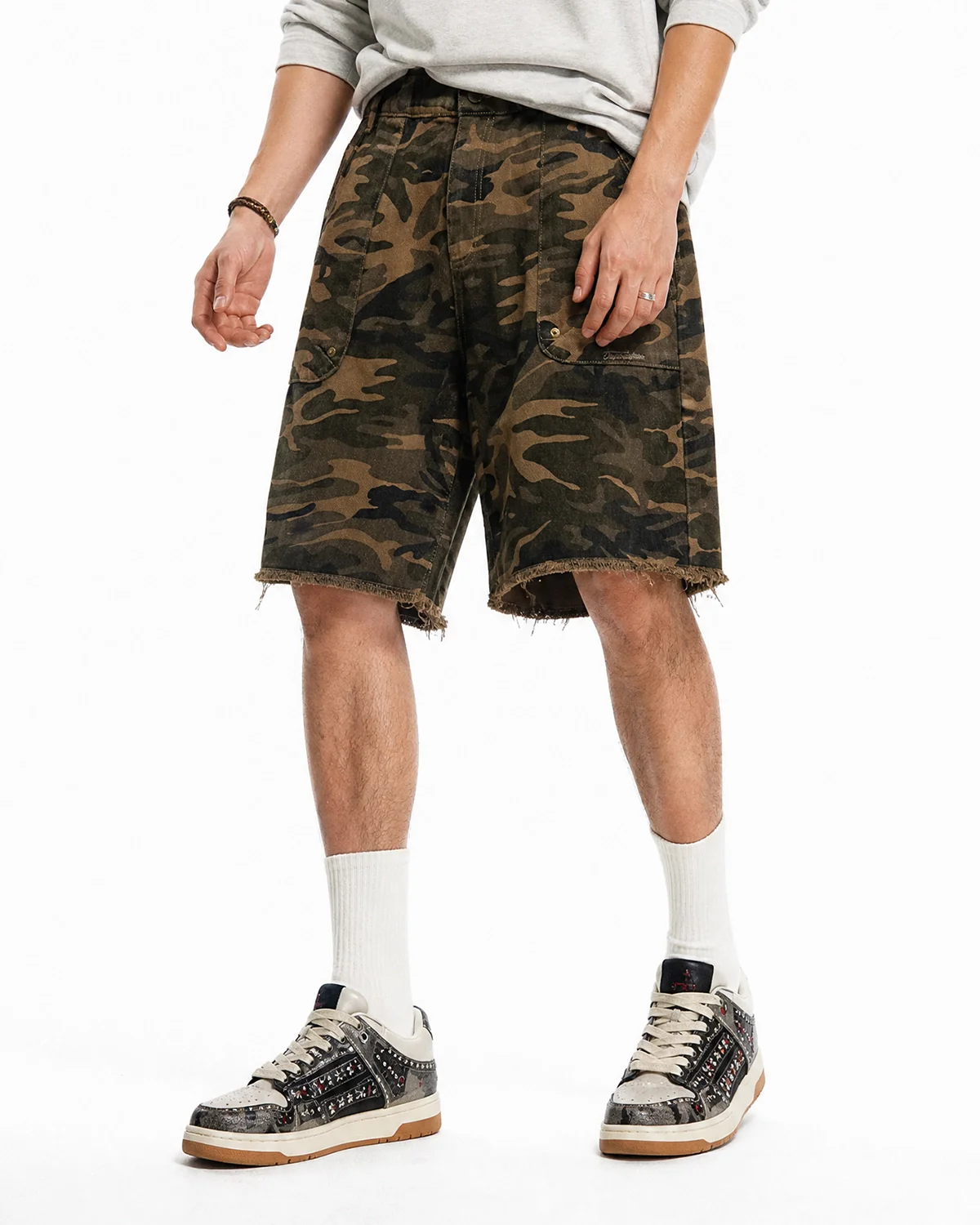 Frayed Hem Camo Knee-Length Shorts | Inflation Streetwear - Image 2