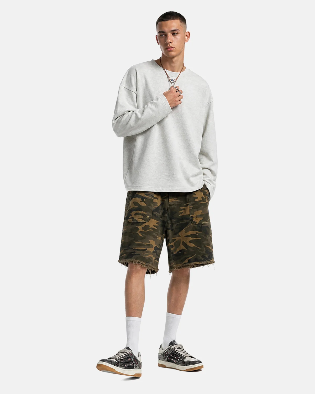 Frayed Hem Camo Knee-Length Shorts | Inflation Streetwear - Image 3