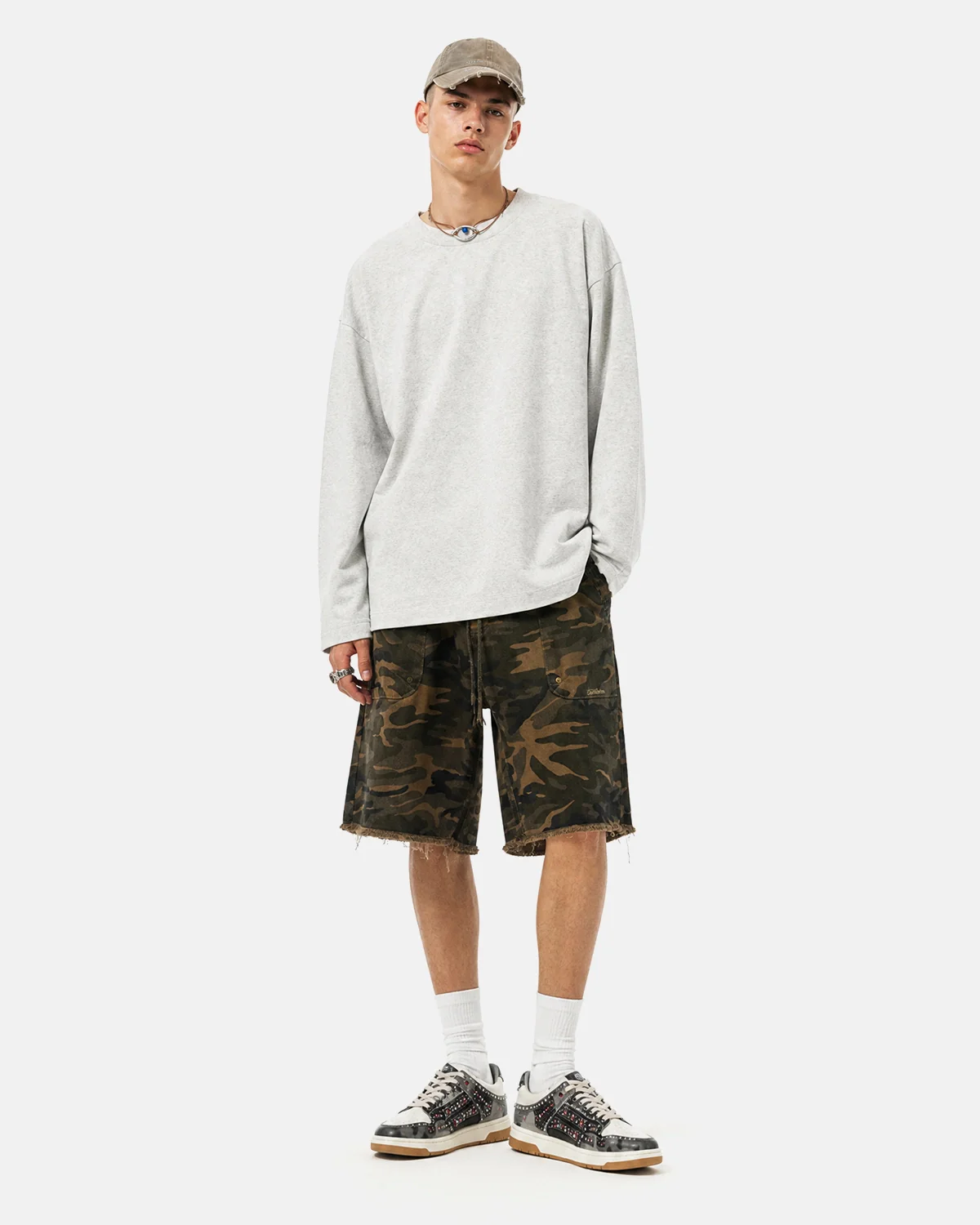 Frayed Hem Camo Knee-Length Shorts | Inflation Streetwear - Image 4