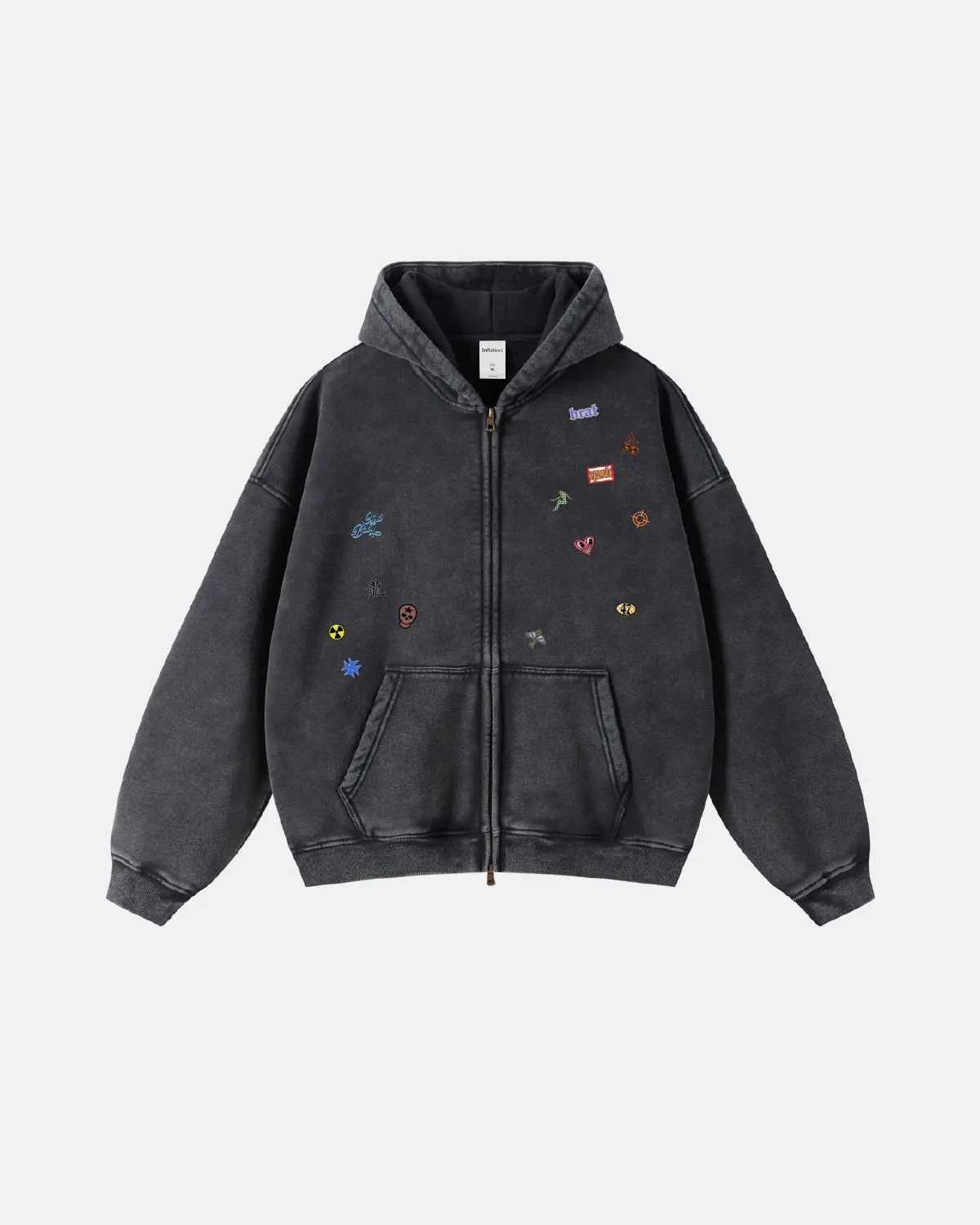 Funny Stickers Distressed Zip Up Hoodies | Inflation Streetwear - Image 3