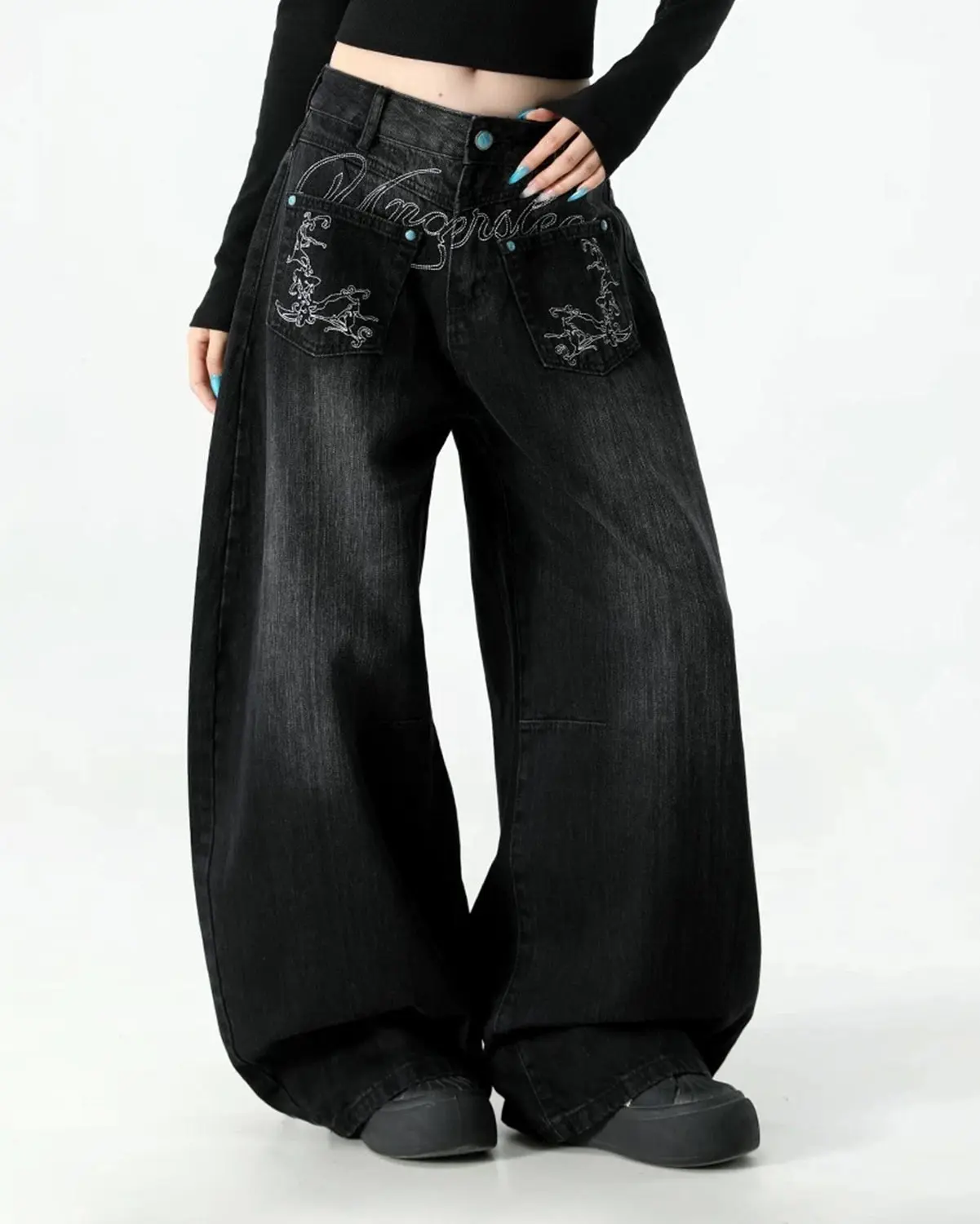 Graphic Embroidered Washed Barrel Jeans | Inflation Streetwear - Image 2
