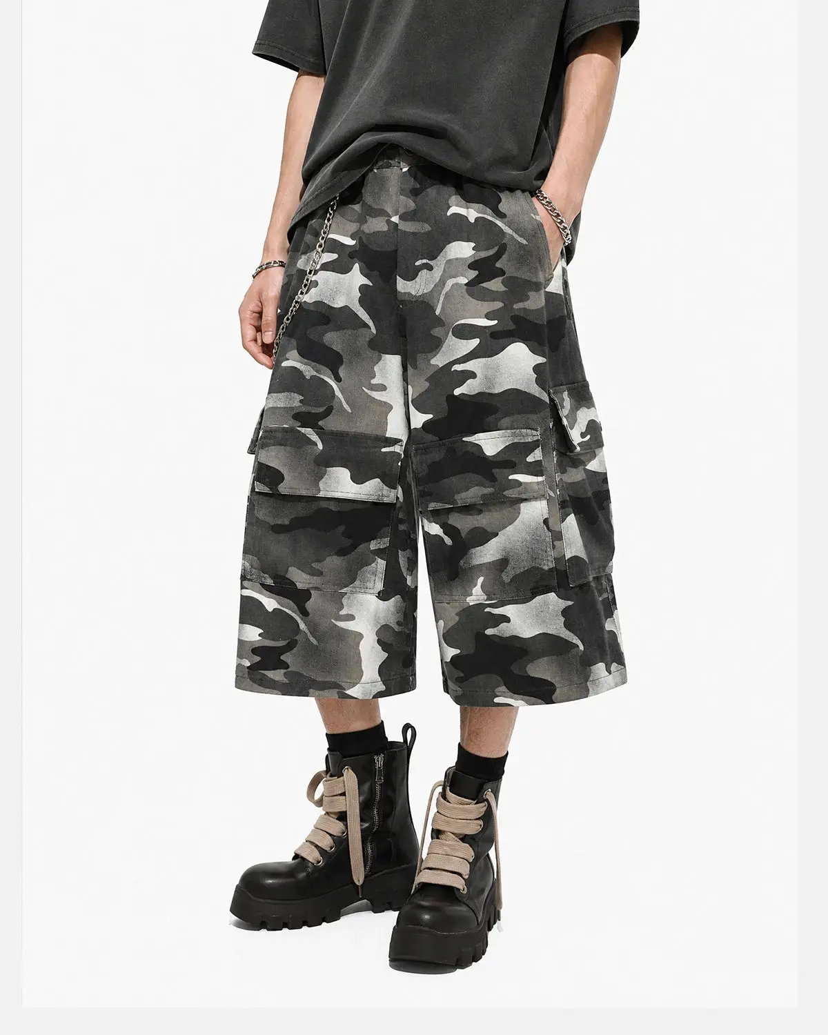 Grey Camo Utility Longline Shorts | Inflation Streetwear - Image 2