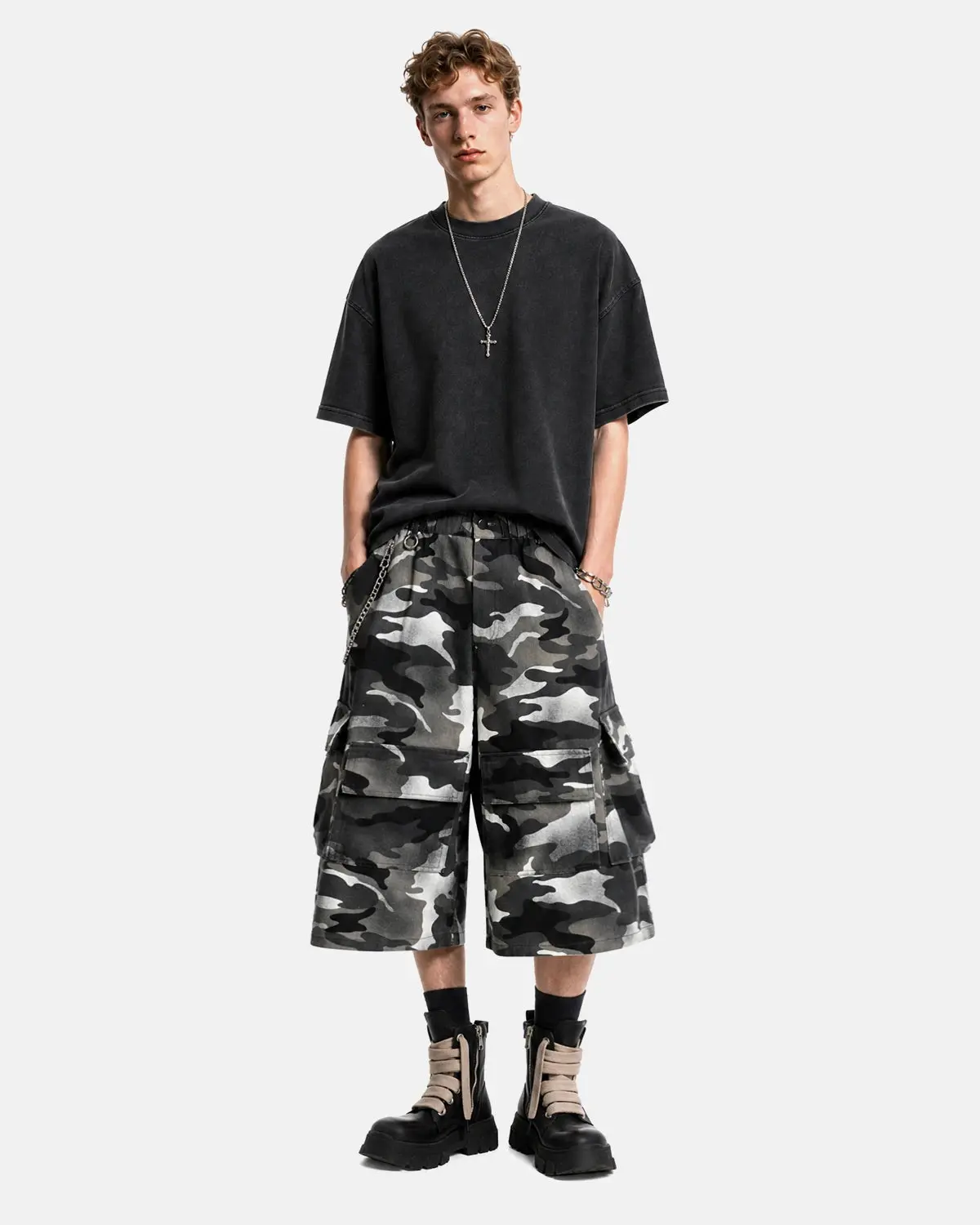 Grey Camo Utility Longline Shorts | Inflation Streetwear - Image 3