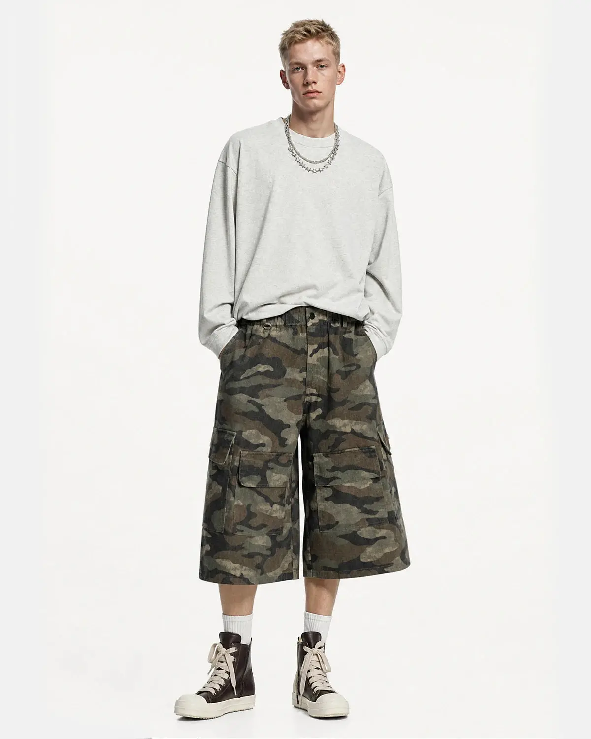 Grey Camo Utility Longline Shorts | Inflation Streetwear - Image 4