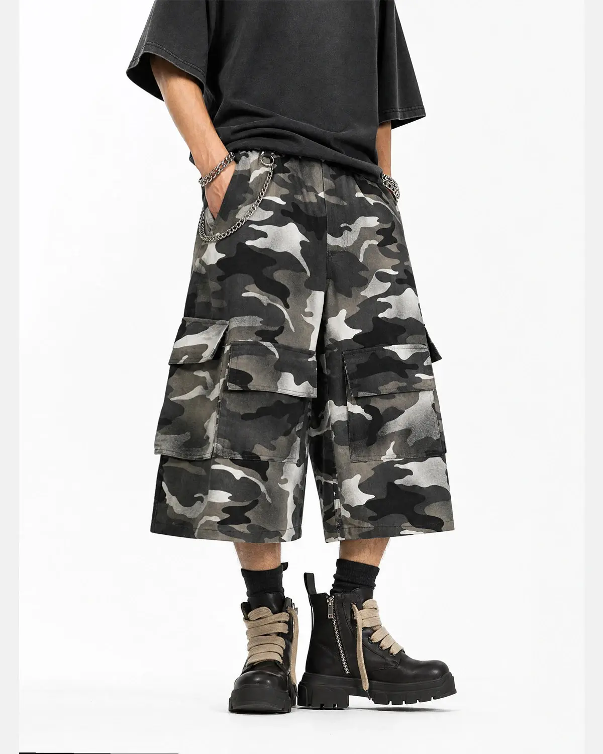 Grey Camo Utility Longline Shorts | Inflation Streetwear - Image 8
