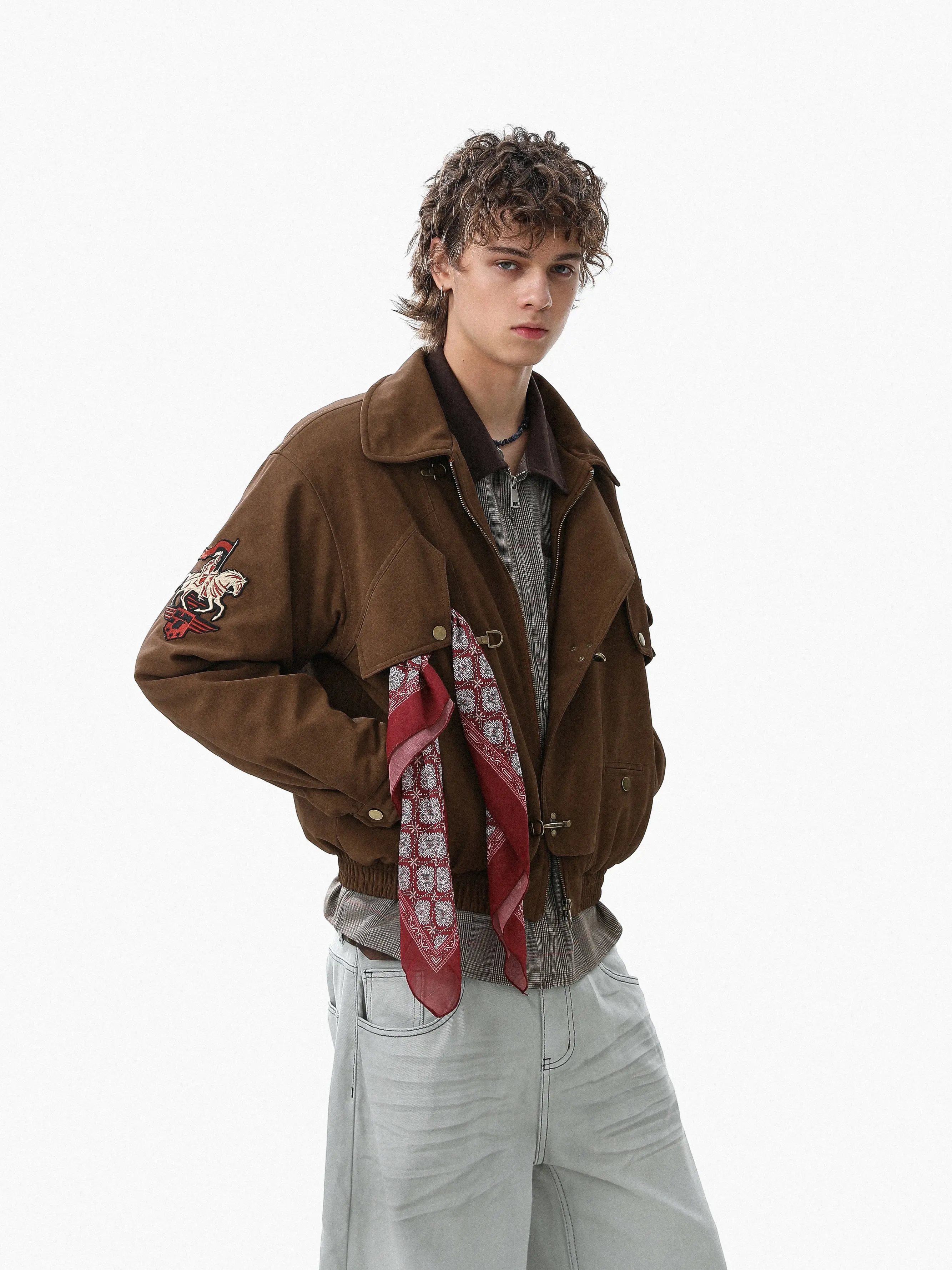Horse Embroidery Suede Clasp Padded Jacket | Inflation Streetwear - Image 4