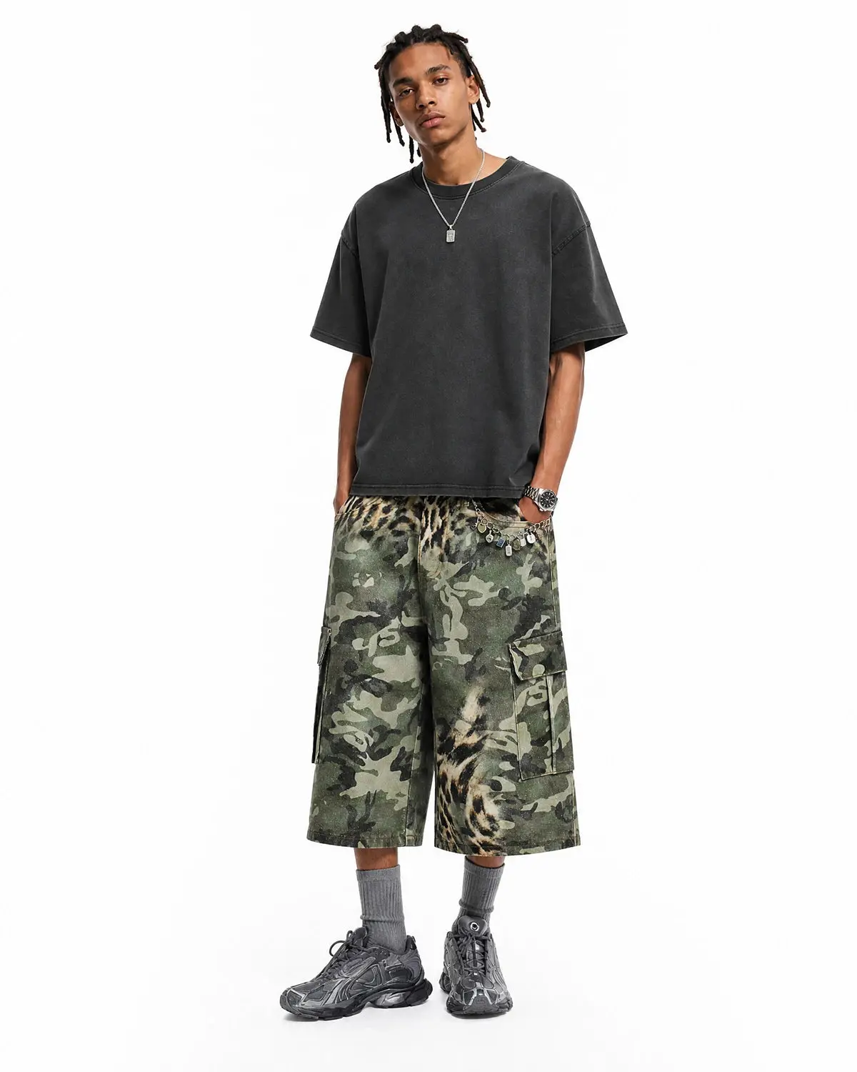 Leopard Camo Cargo Longline Shorts | Inflation Streetwear - Image 3