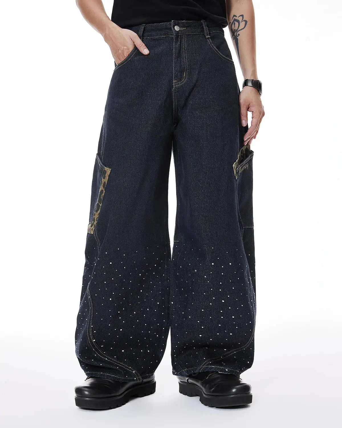 Leopard Patch Rhinestone Barrel Jeans | Inflation Streetwear - Image 4