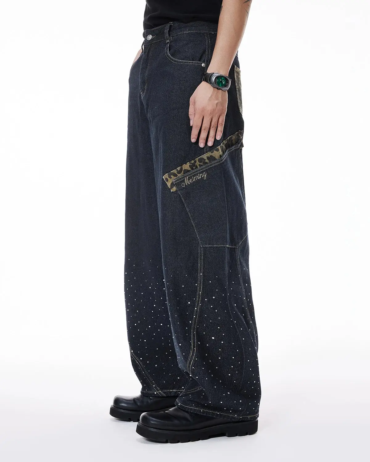 Leopard Patch Rhinestone Barrel Jeans | Inflation Streetwear - Image 5