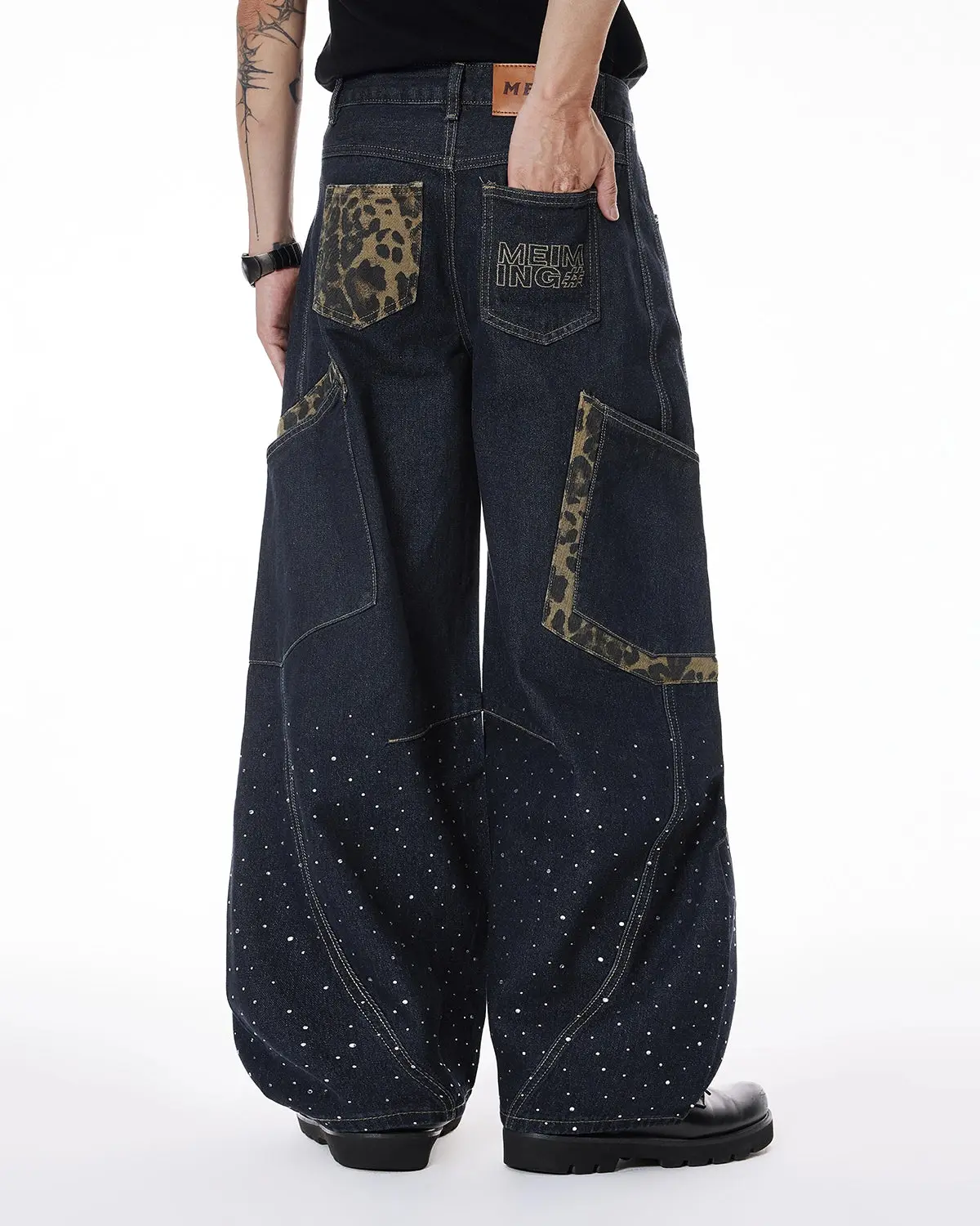 Leopard Patch Rhinestone Barrel Jeans | Inflation Streetwear - Image 6