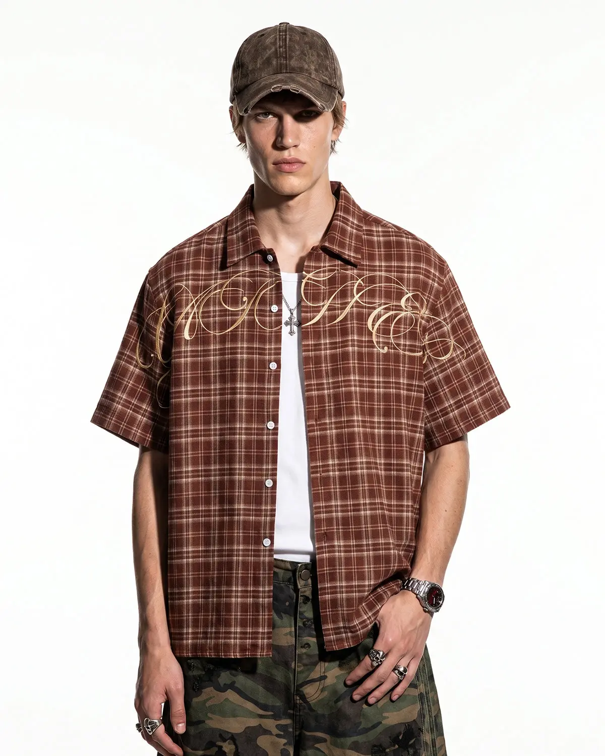 Lettering Embroidery Plaid Shirts | Inflation Streetwear - Image 3