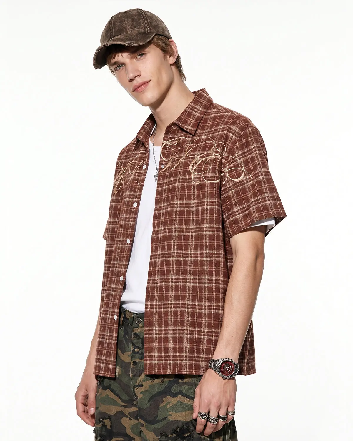 Lettering Embroidery Plaid Shirts | Inflation Streetwear - Image 4