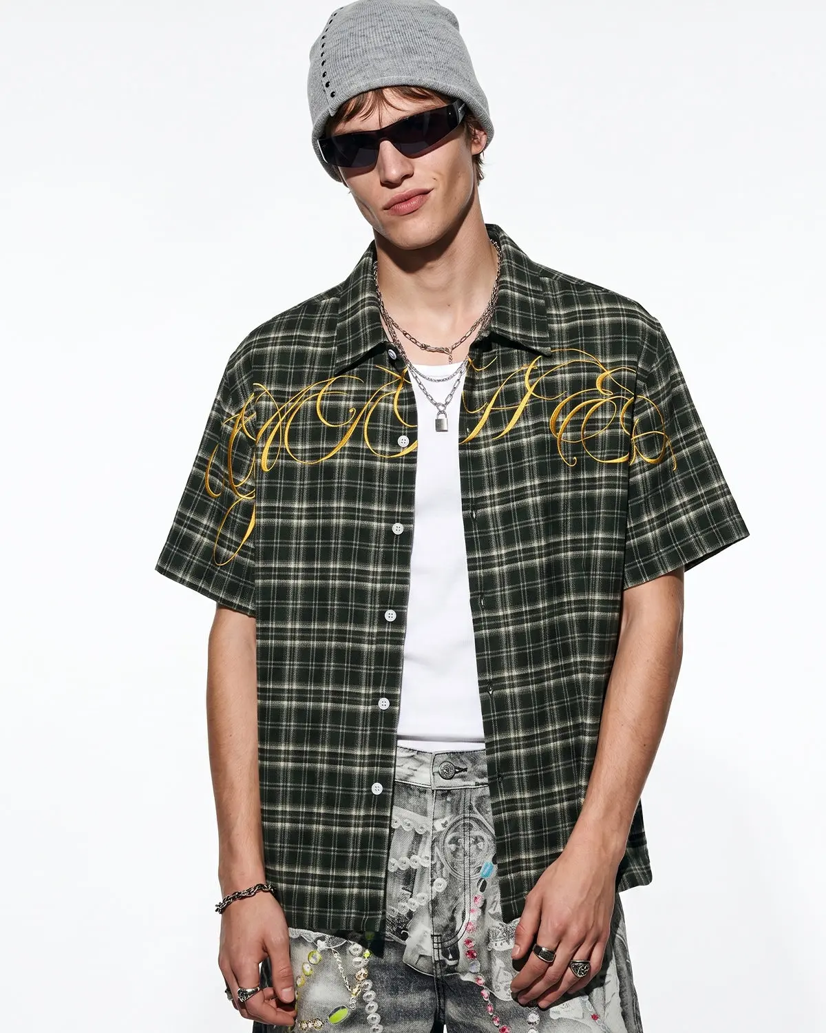 Lettering Embroidery Plaid Shirts | Inflation Streetwear - Image 5