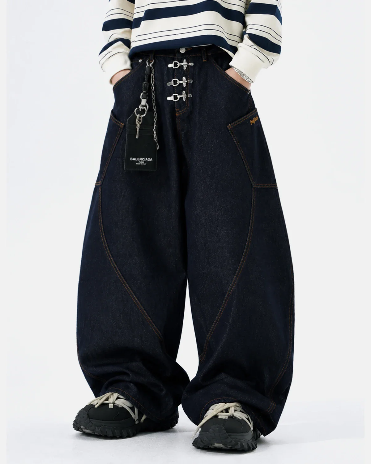 Metal Clasp Raw Barrel Jeans | Inflation Streetwear