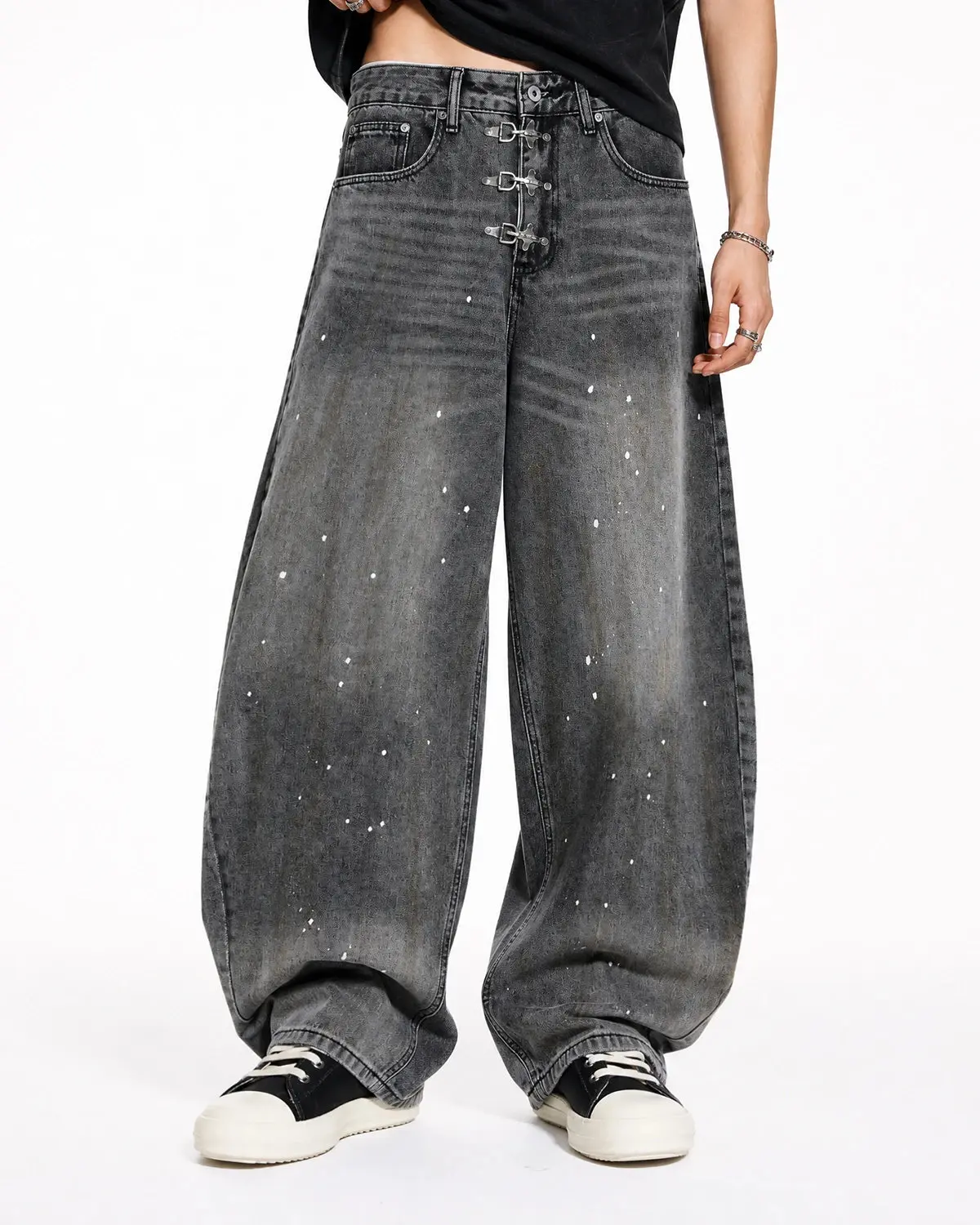 Metal Clasp Washed Barrel Jeans | Inflation Streetwear - Image 2