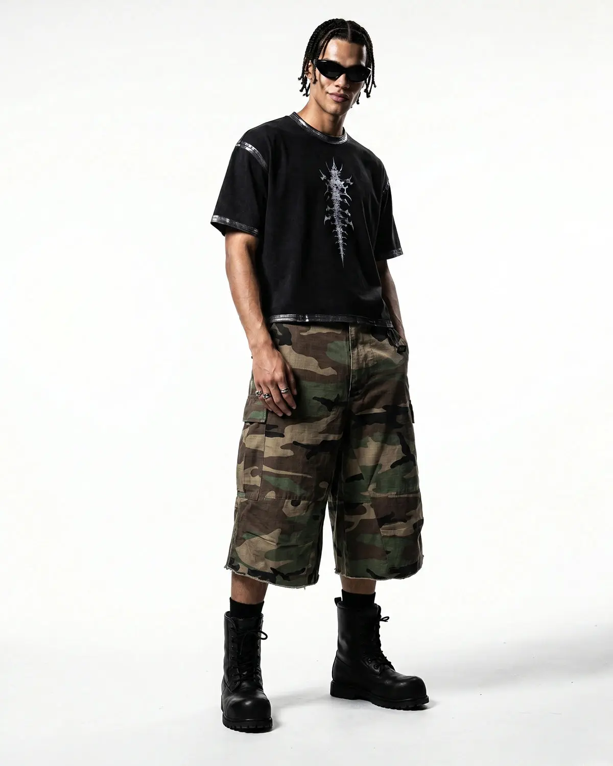 Oversized Camo Cargo Longline Shorts | Inflation Streetwear - Image 5