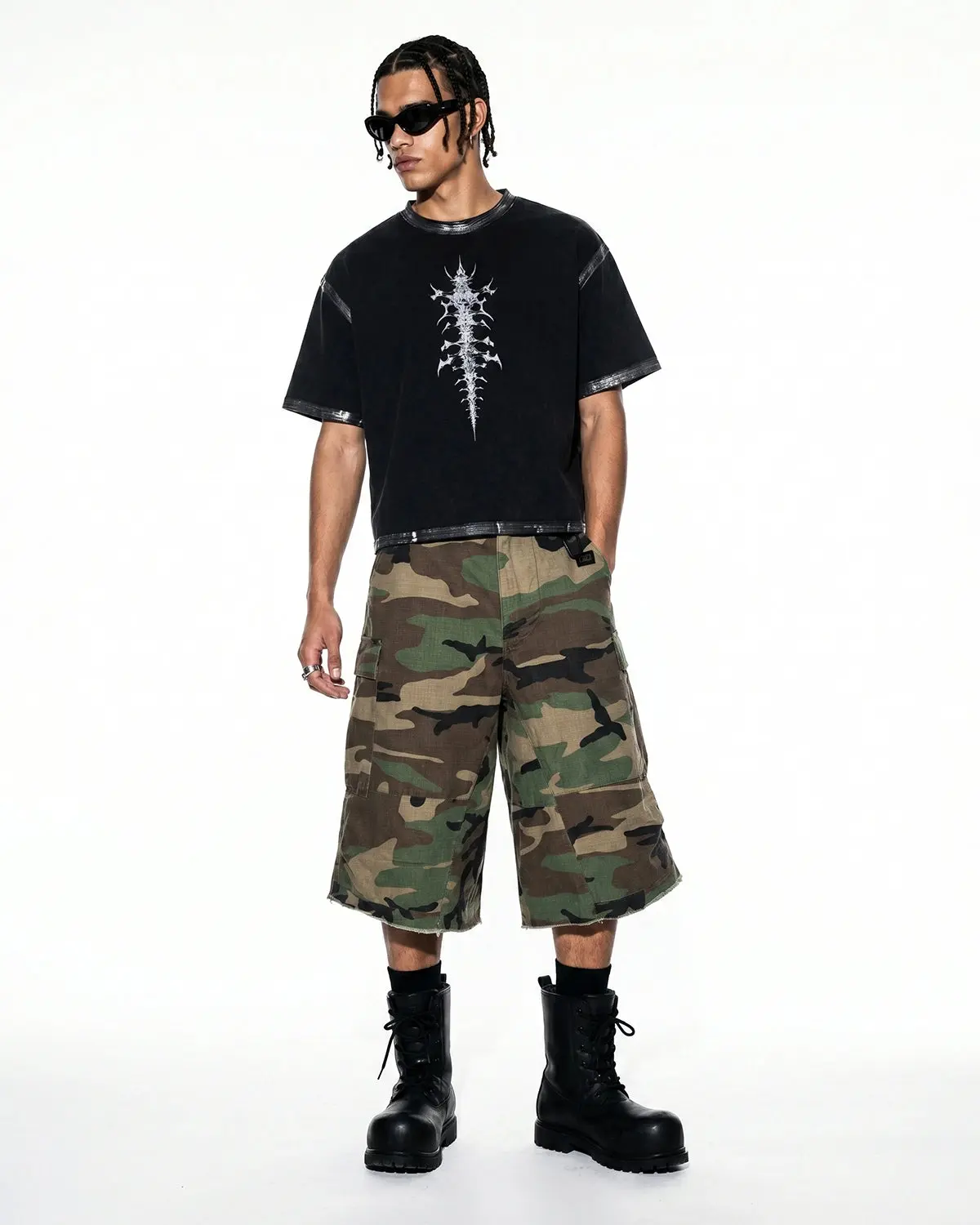 Oversized Camo Cargo Longline Shorts | Inflation Streetwear - Image 6