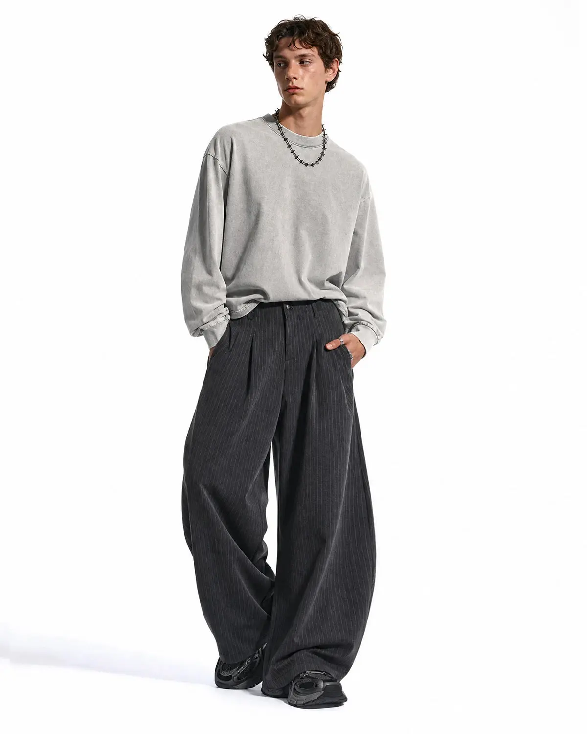 Pinstripe Pleated Barrel Tailored Pants | Inflation Streetwear - Image 4