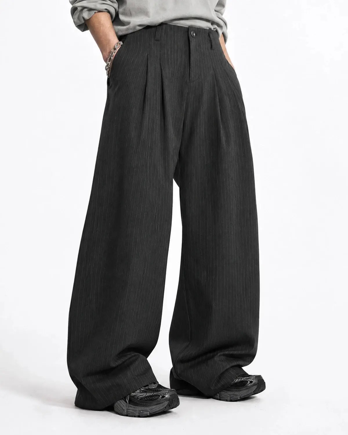 Pinstripe Pleated Barrel Tailored Pants | Inflation Streetwear - Image 5