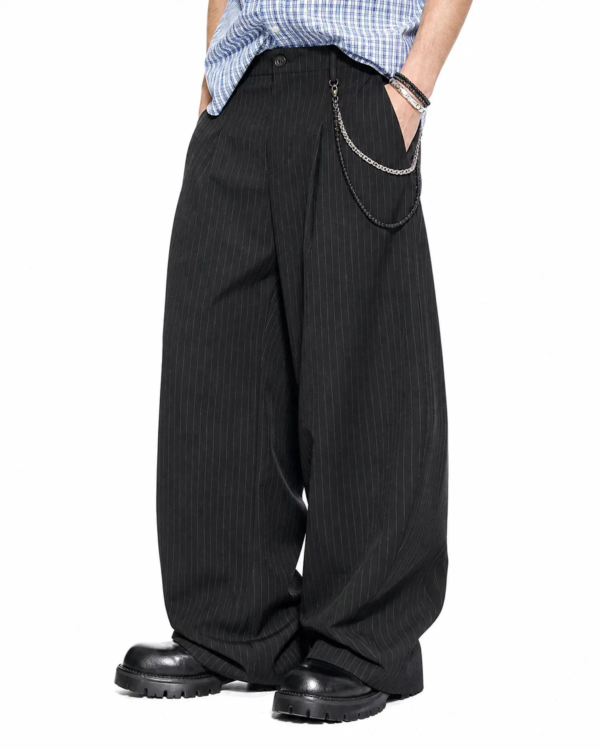 Pinstripe Pleated Barrel Tailored Pants | Inflation Streetwear - Image 6