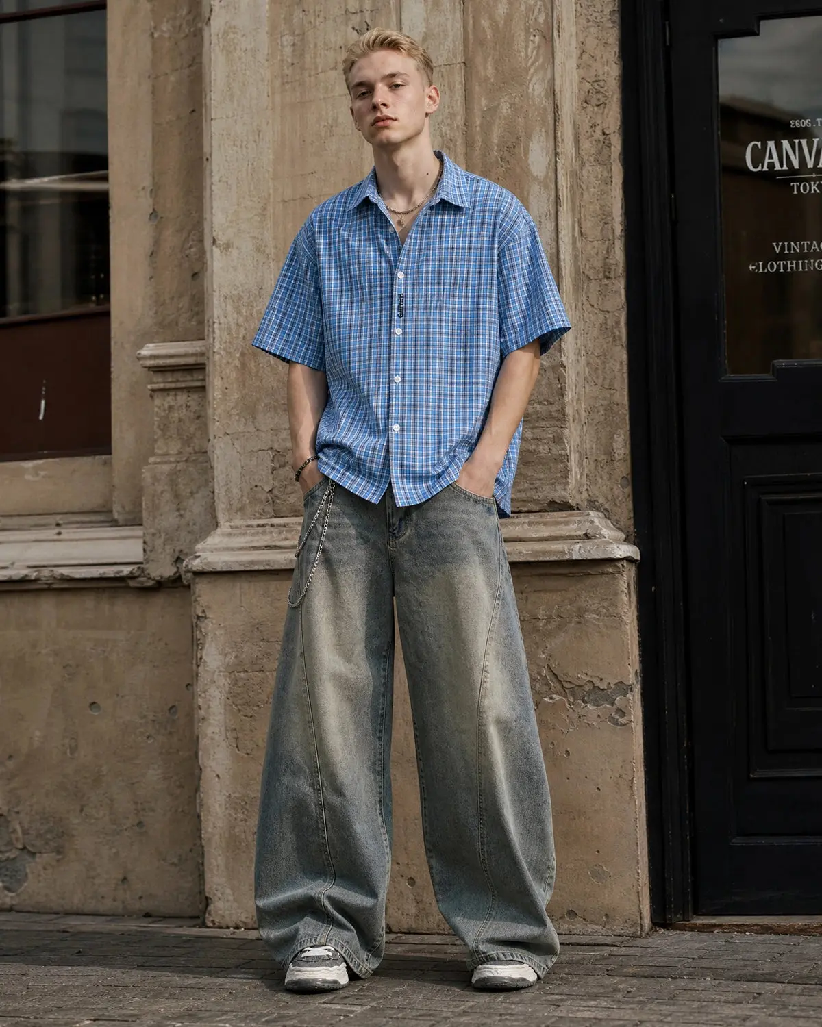 Plaid Script Embroidered Short-Sleeve Shirt | Inflation Streetwear - Image 3