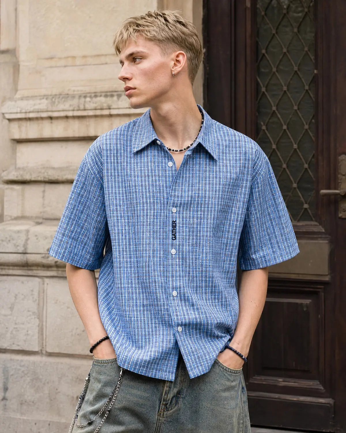 Plaid Script Embroidered Short-Sleeve Shirt | Inflation Streetwear - Image 5