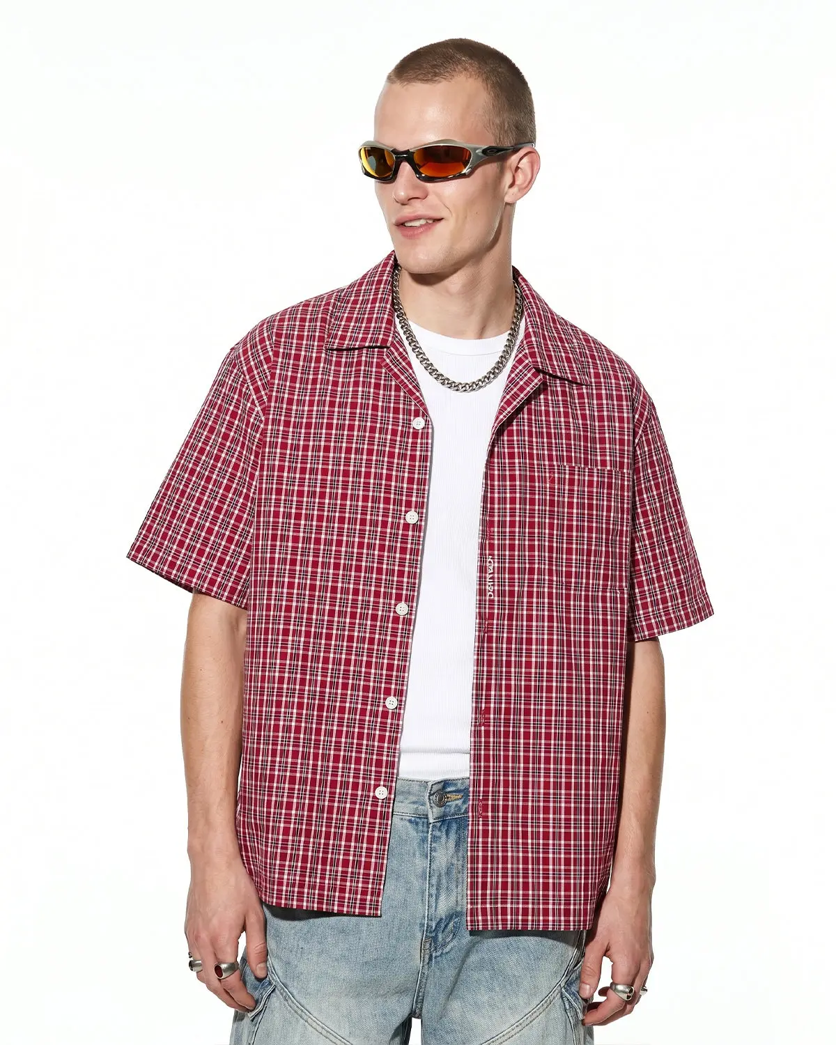 Plaid Script Embroidered Short-Sleeve Shirt | Inflation Streetwear - Image 9