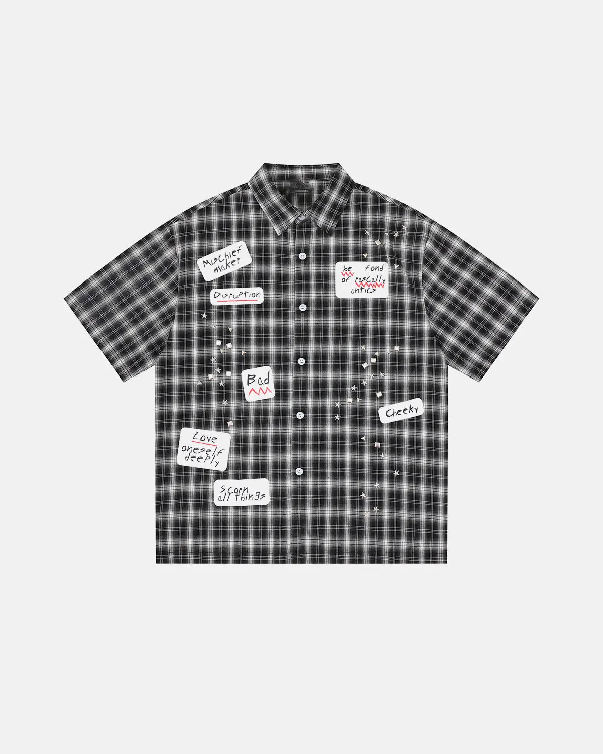 Plaid Sticker Graphic Studded Shirt | Inflation Streetwear