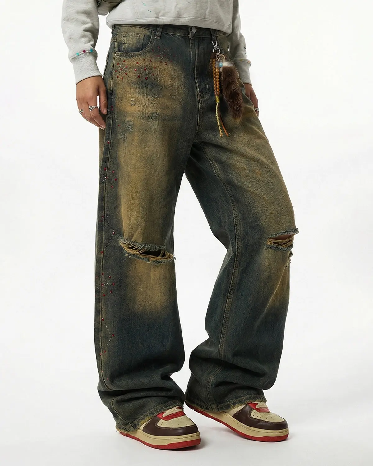 Dirty Wash Rhinestone Baggy Jeans | Inflation Streetwear - Image 3