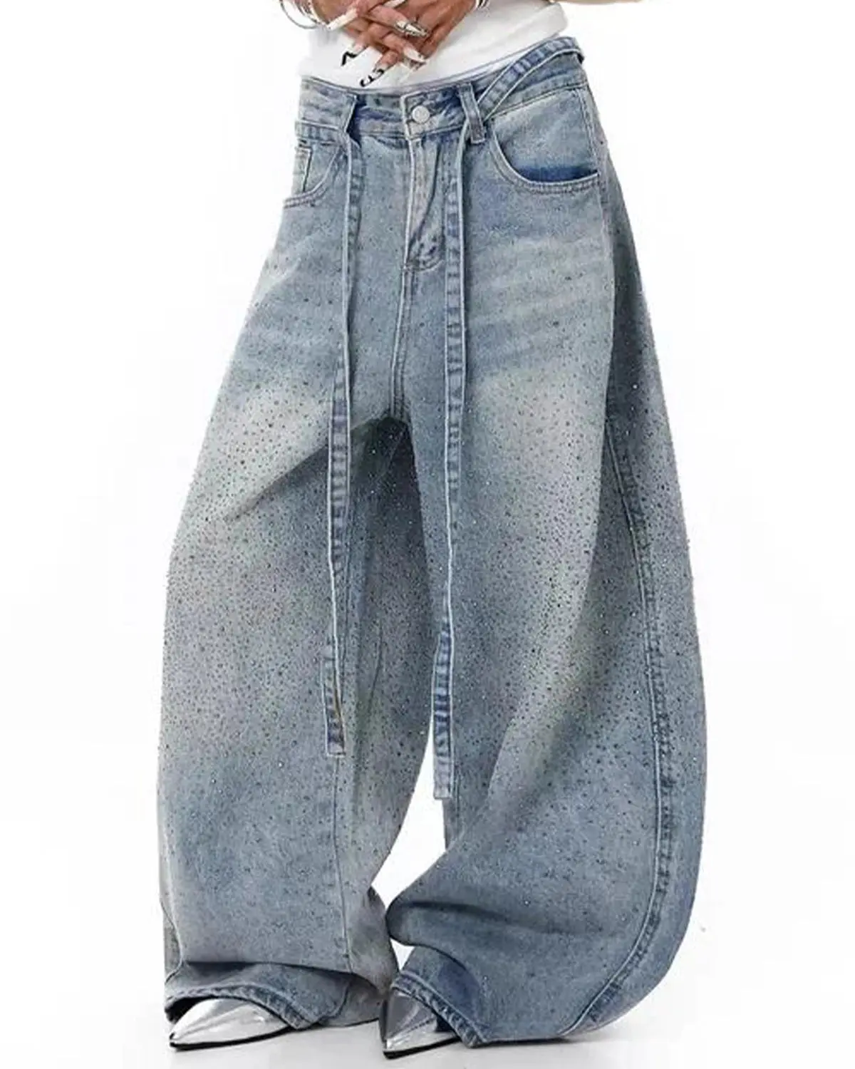 Rhinestone Baggy Barrel Jeans | Inflation Streetwear - Image 4