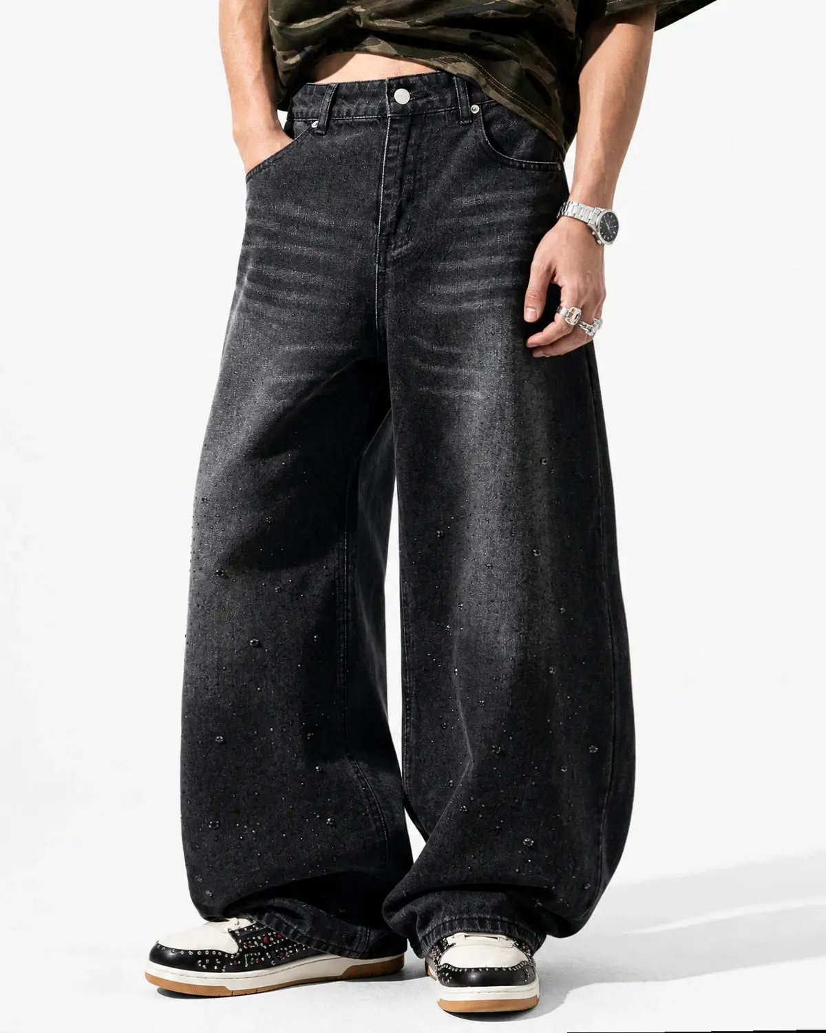 Vintage Washed Rhinestone Barrel Jeans | Inflation Streetwear - Image 5