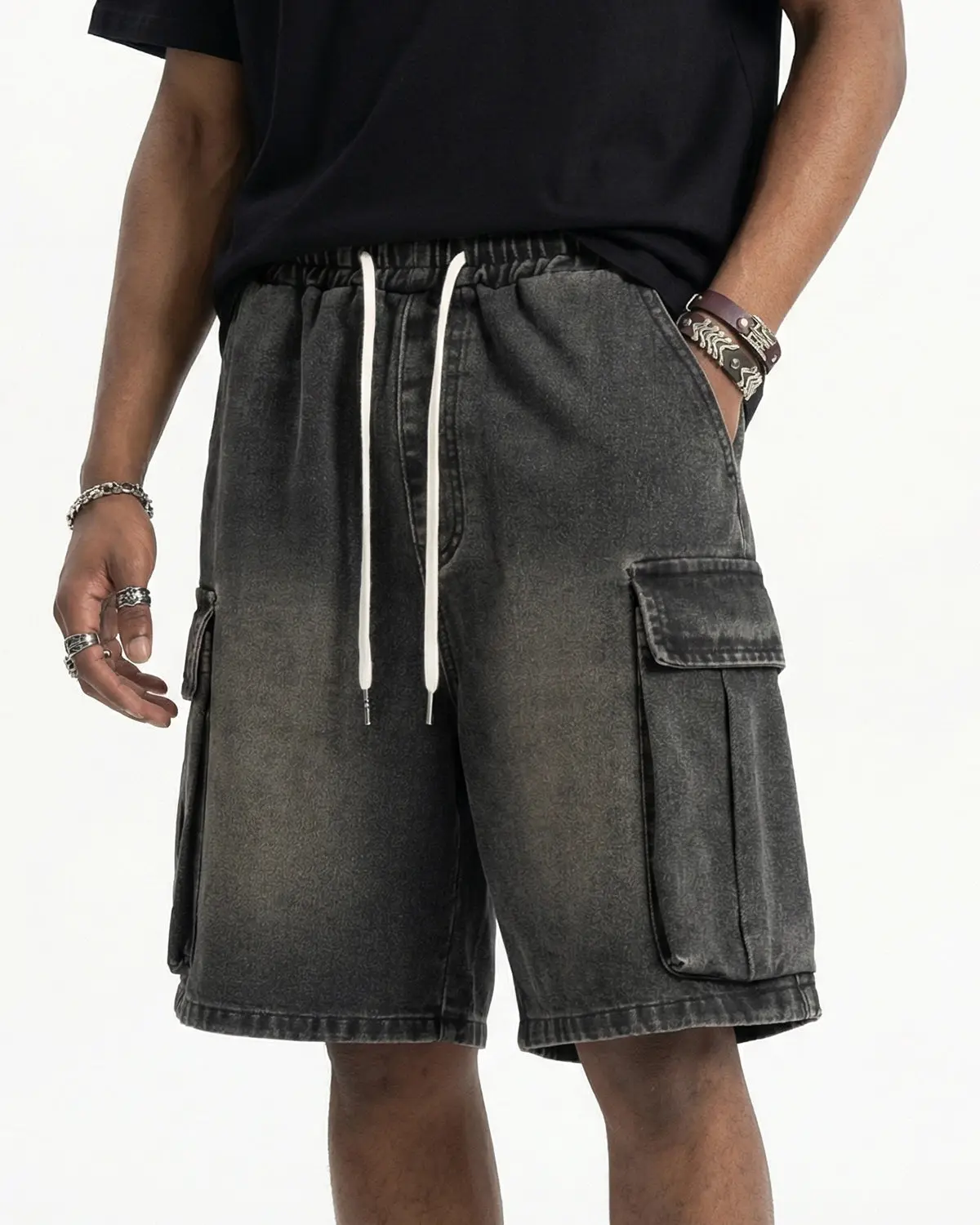 Washed Denim Cargo Shorts with Drawstring | Inflation Streetwear - Image 5