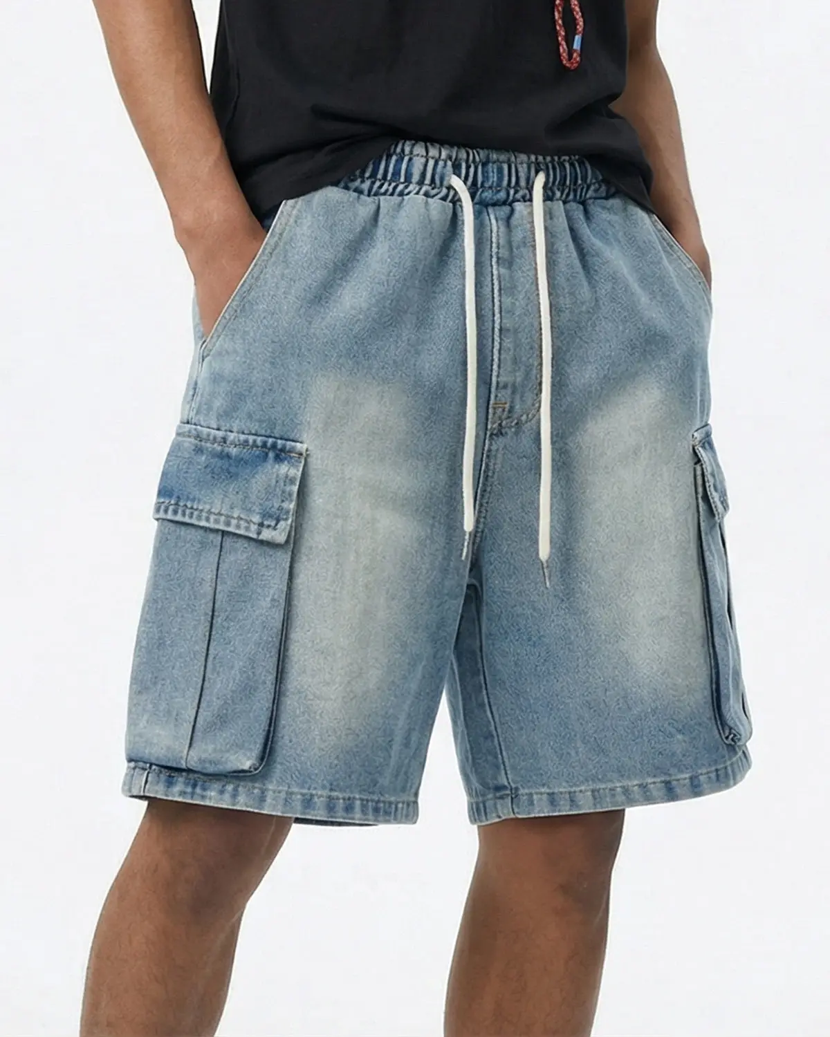 Washed Denim Cargo Shorts with Drawstring | Inflation Streetwear - Image 6
