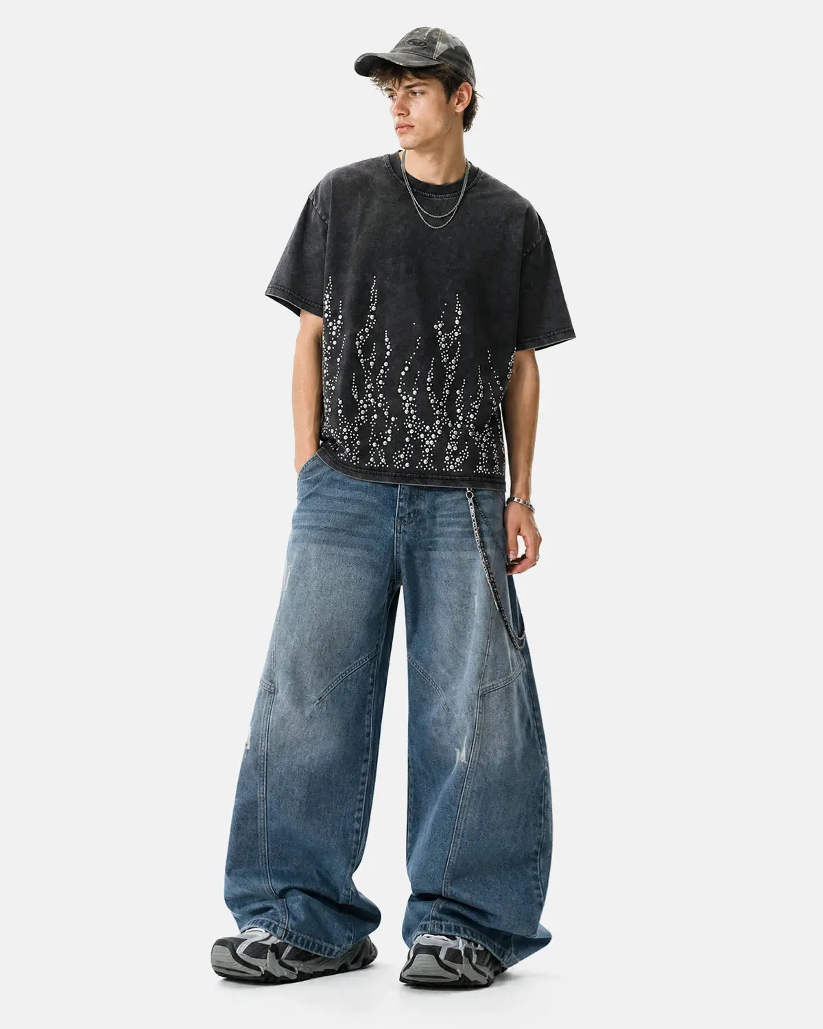 Washed Rhinestone Flame Boxy T-Shirt | Inflation Streetwear - Image 4