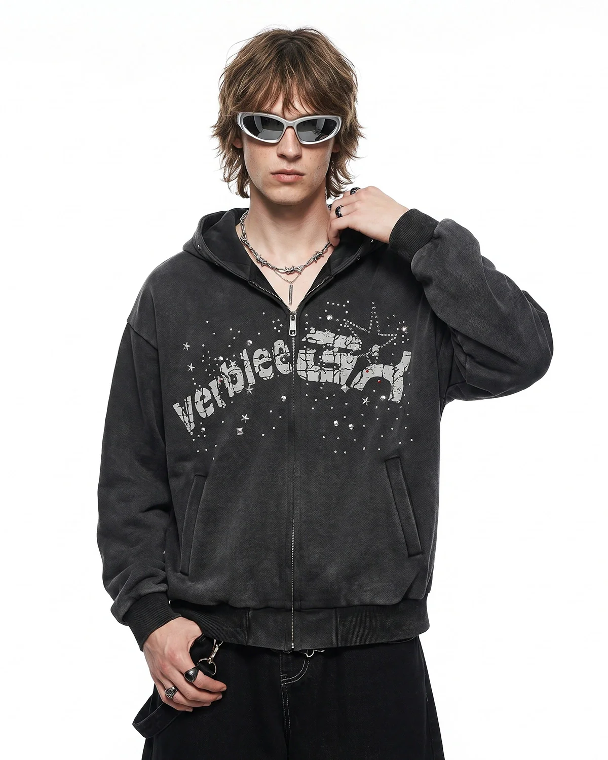 Washed Rhinestone Graphic Zip Up Hoodie | Inflation Streetwear - Image 2