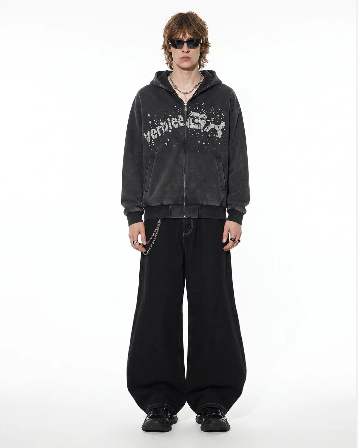 Washed Rhinestone Graphic Zip Up Hoodie | Inflation Streetwear - Image 3