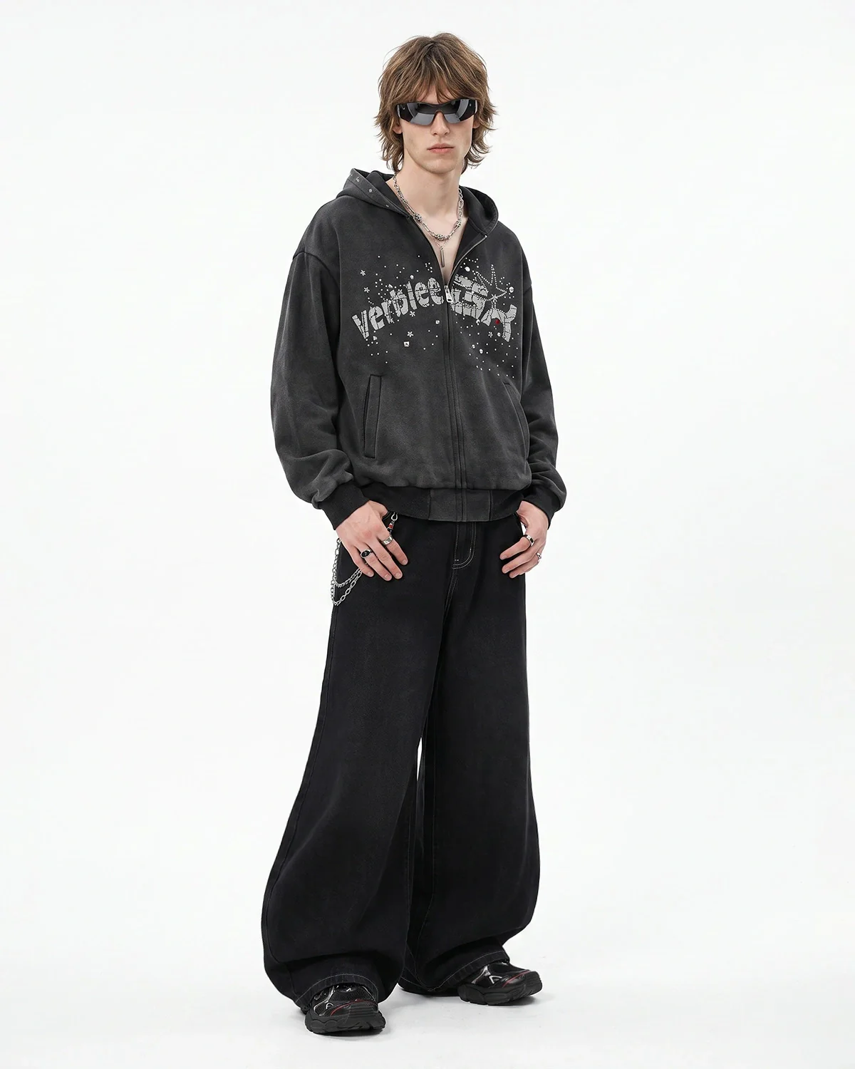 Washed Rhinestone Graphic Zip Up Hoodie | Inflation Streetwear - Image 4