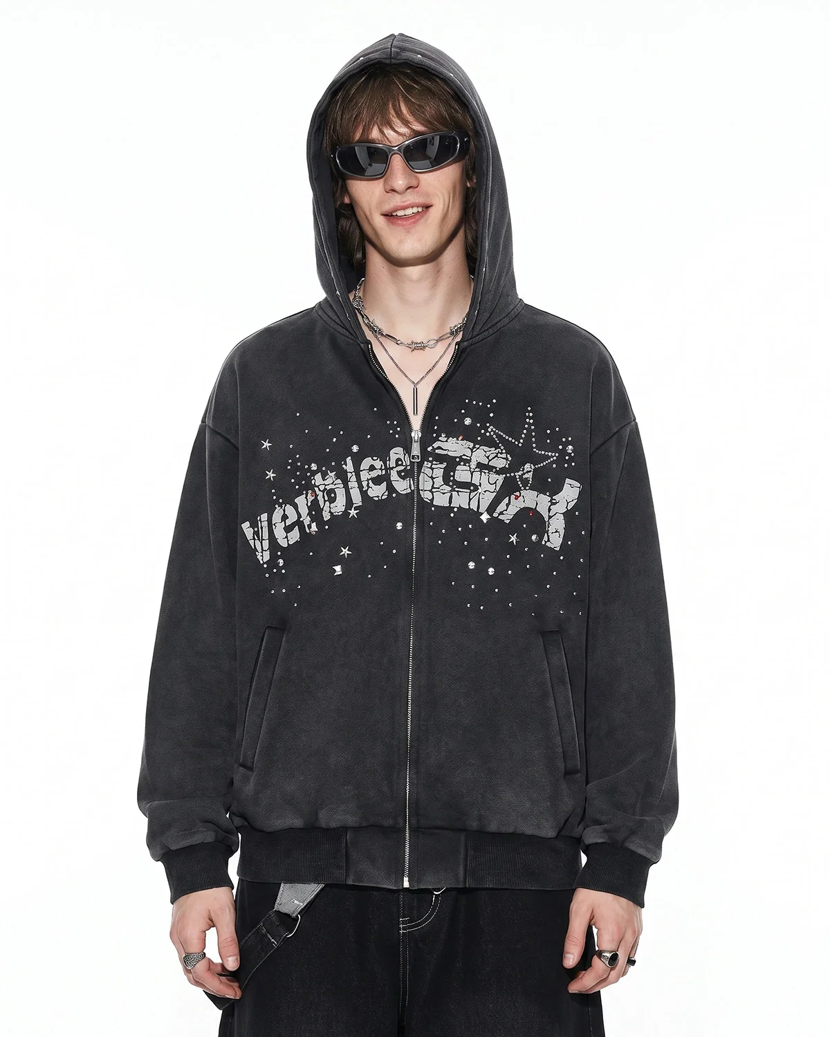Washed Rhinestone Graphic Zip Up Hoodie | Inflation Streetwear - Image 5